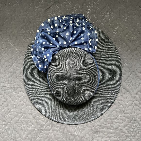 VTG 70s 80s Sonni San Francisco Hat Navy & Polka Taffeta Band Bow Kentucky Derby - Picture 4 of 8